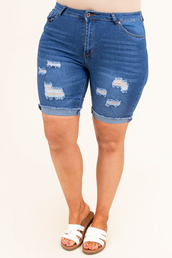 Chic Soul plus size clothing, dark blue distressed blue jean shorts
