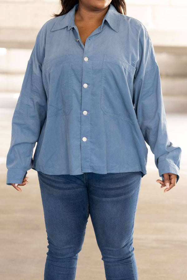 Chic Soul plus size clothing, denim long sleeve button up top