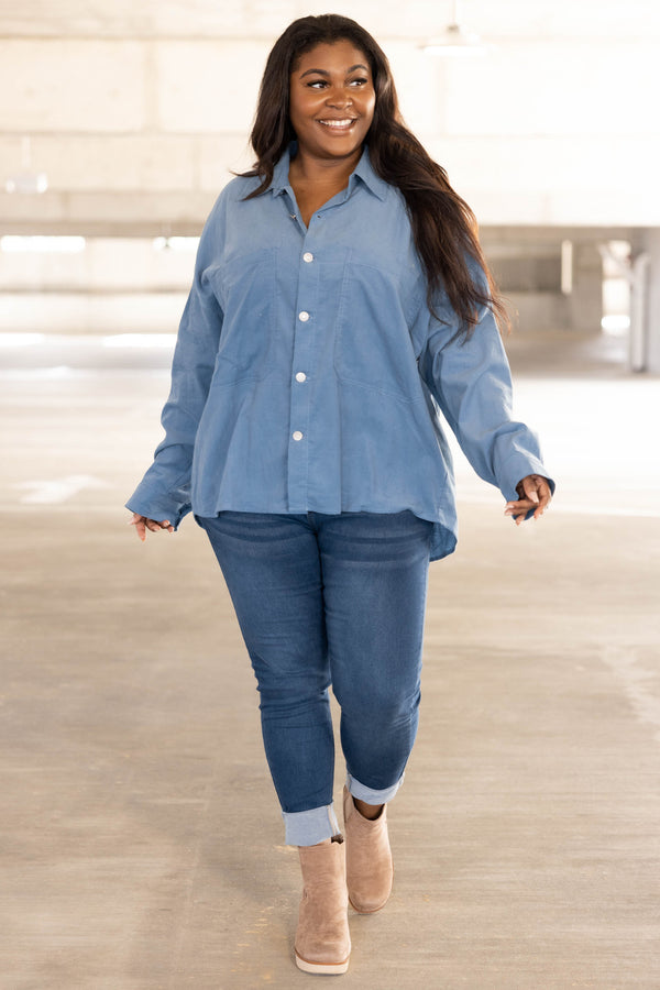 Chic Soul plus size clothing, denim long sleeve button up top