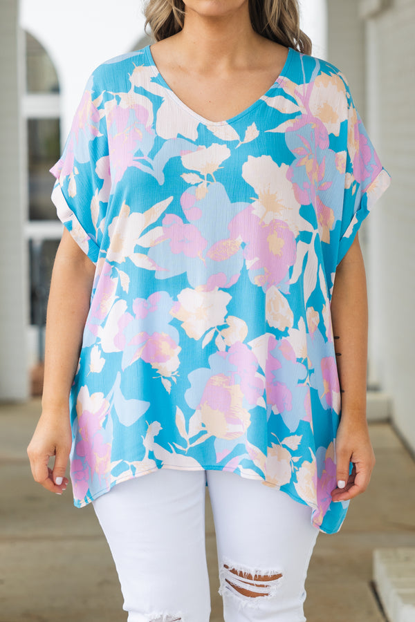 Chic Soul plus size clothing, sky blue flowy top with multicolor floral pattern