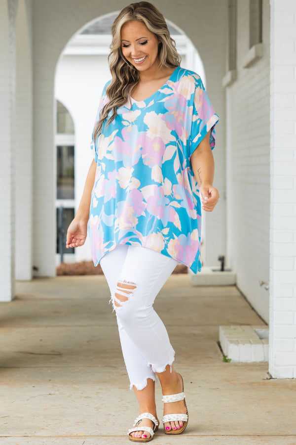 Chic Soul plus size clothing, sky blue flowy top with multicolor floral pattern