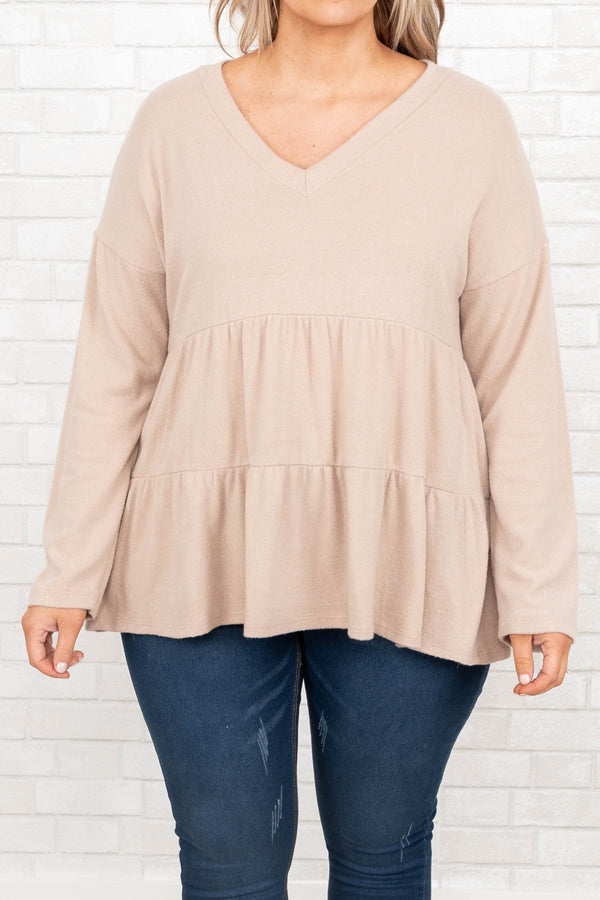 Chic Soul plus size clothing, taupe babydoll top