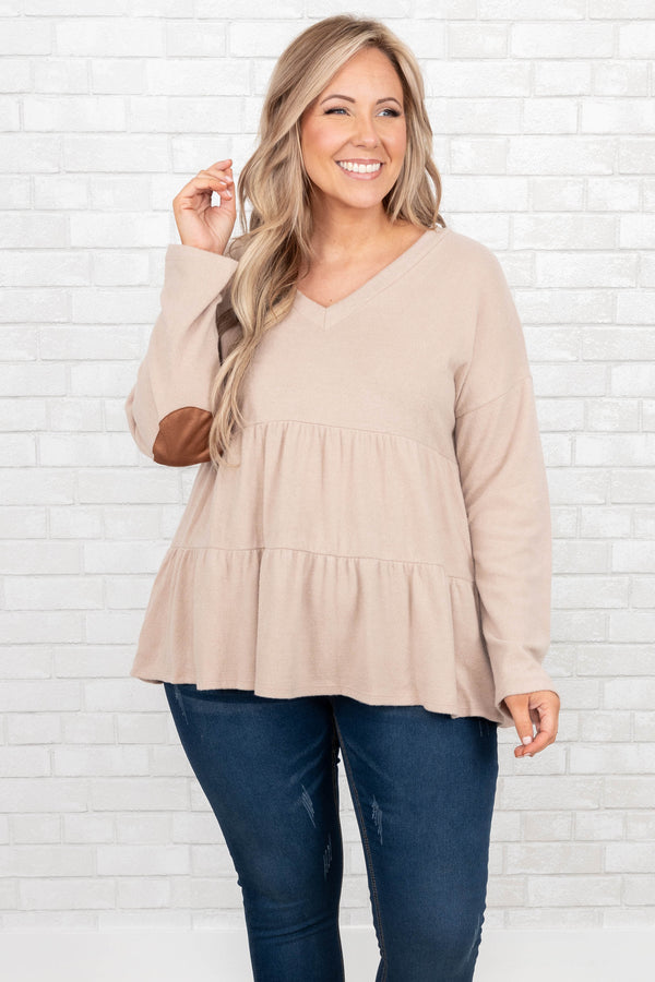 Chic Soul plus size clothing, taupe babydoll top