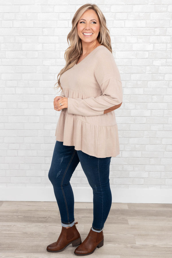 Chic Soul plus size clothing, taupe babydoll top