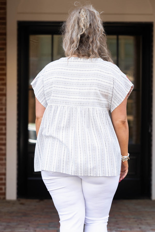 Chic Soul plus size clothing, ivory and charcoal striped top with embroidered floral pattern across neckline