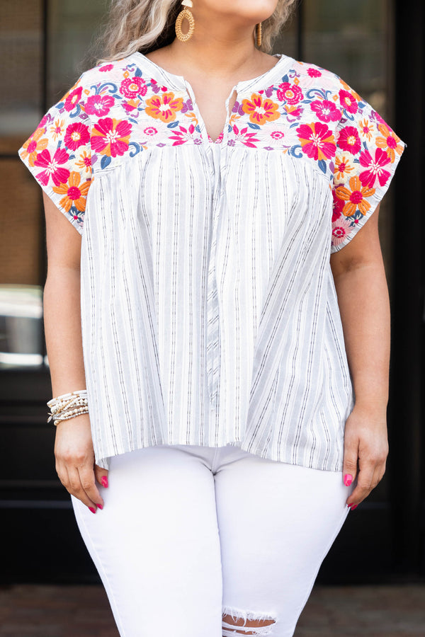 Chic Soul plus size clothing, ivory and charcoal striped top with embroidered floral pattern across neckline