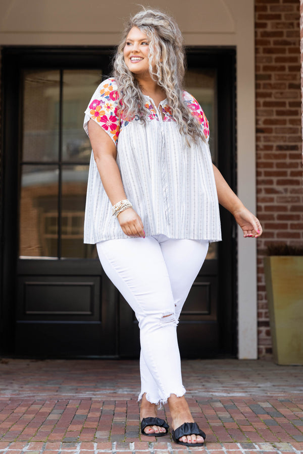 Chic Soul plus size clothing, ivory and charcoal striped top with embroidered floral pattern across neckline