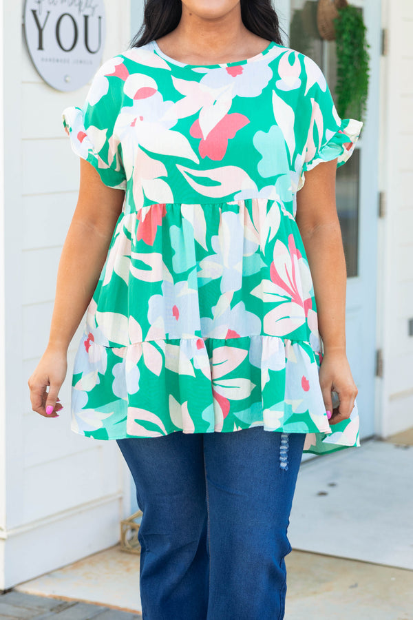 Chic Soul plus size clothing, turquoise green multicolor patterned babydoll style top with ruffle hemline and sleeves