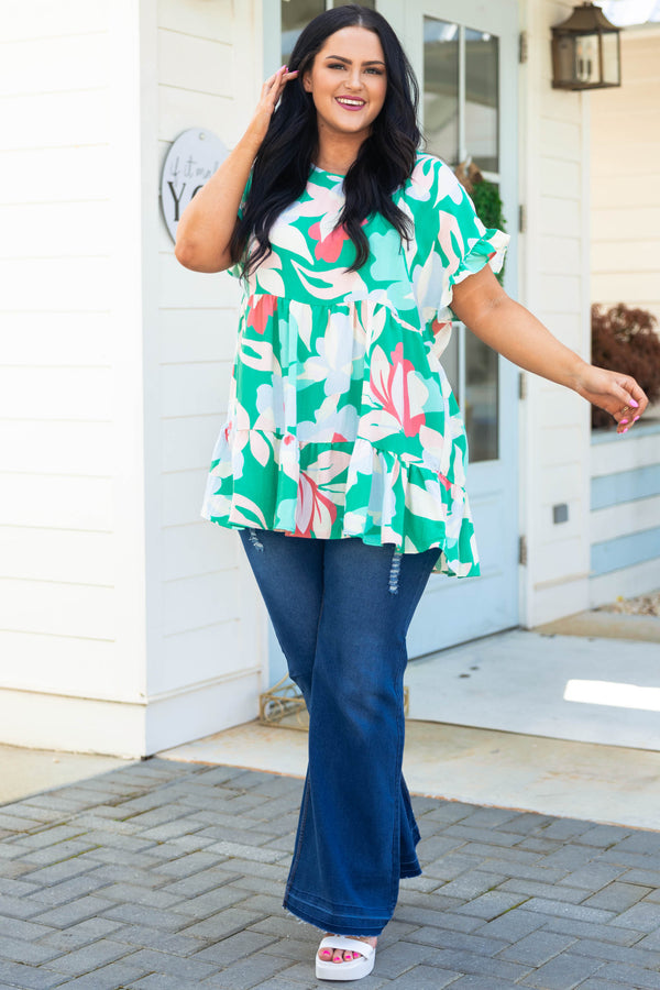 Chic Soul plus size clothing, turquoise green multicolor patterned babydoll style top with ruffle hemline and sleeves