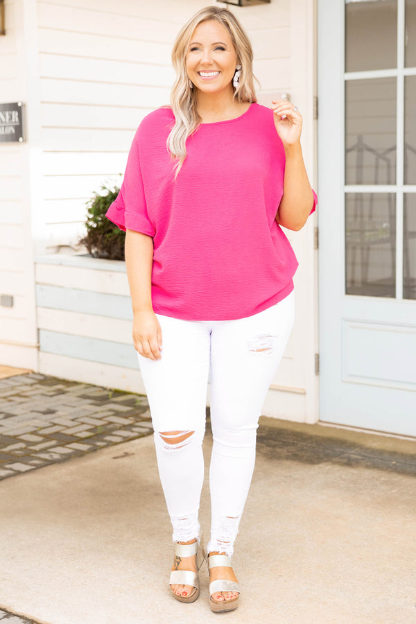Chic Soul plus size clothing, fuchsia solid half length flutter sleeve top