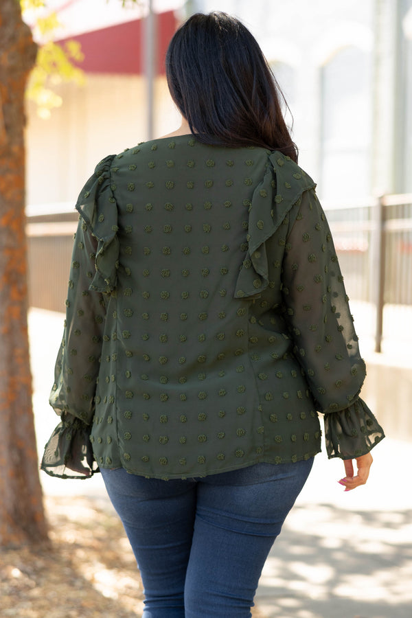 Chic Soul plus size clothing, olive swiss dotted long sleeve ruffle top