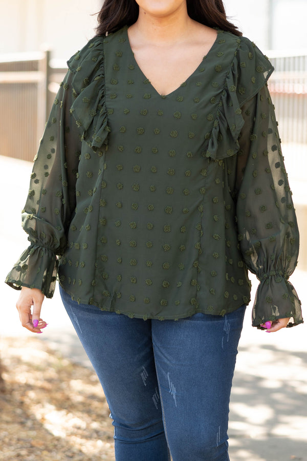 Chic Soul plus size clothing, olive swiss dotted long sleeve ruffle top