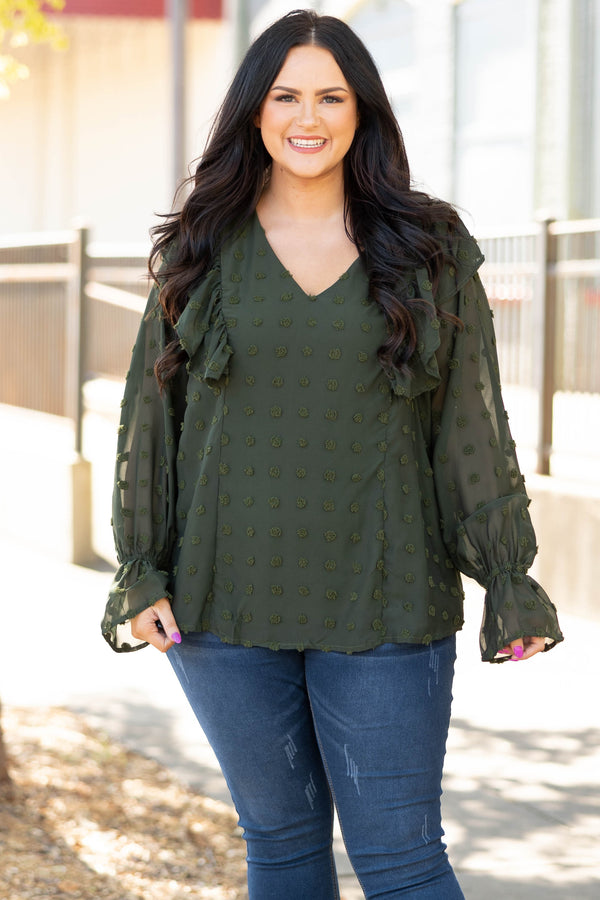 Chic Soul plus size clothing, olive swiss dotted long sleeve ruffle top