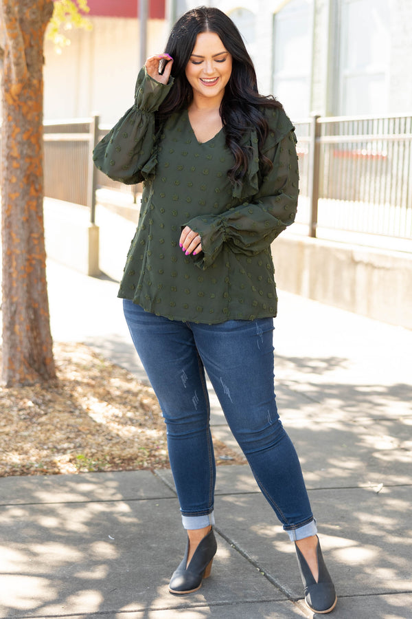 Chic Soul plus size clothing, olive swiss dotted long sleeve ruffle top