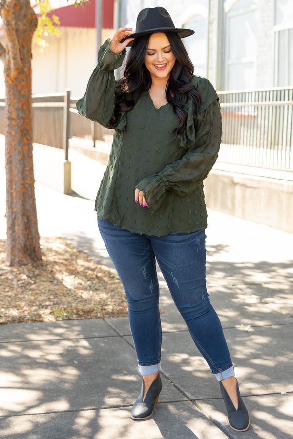 Chic Soul plus size clothing, olive swiss dotted long sleeve ruffle top
