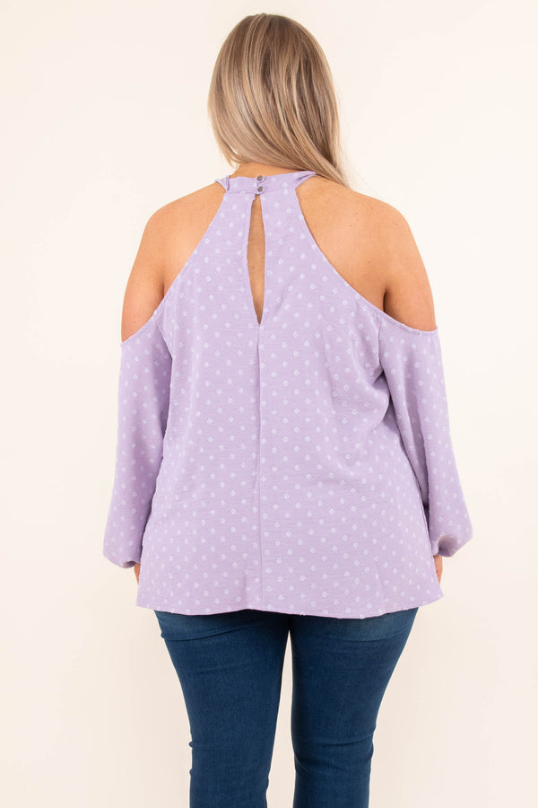 Chic Soul plus size clothing, purple long sleeve top with tie around neck and white polka dot pattern