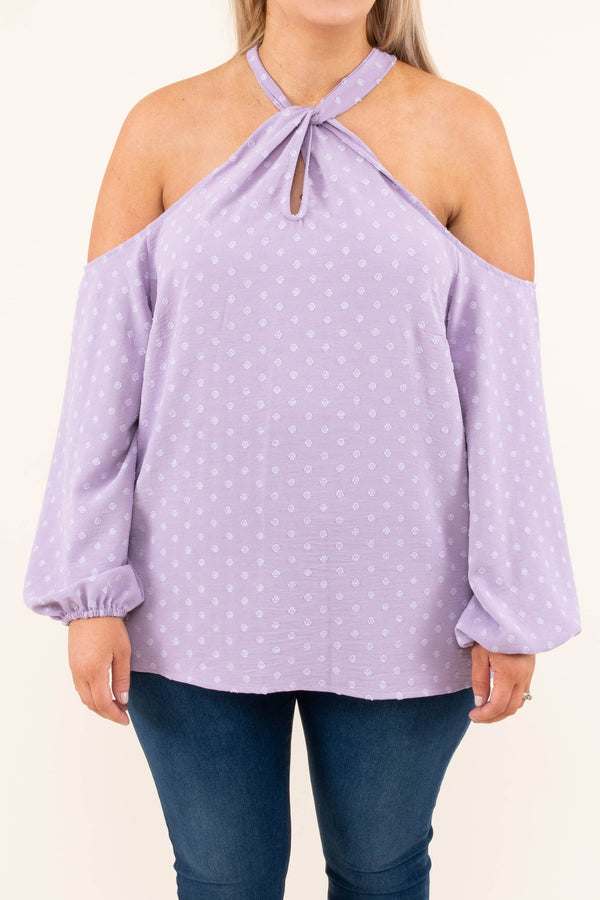 Chic Soul plus size clothing, purple long sleeve top with tie around neck and white polka dot pattern