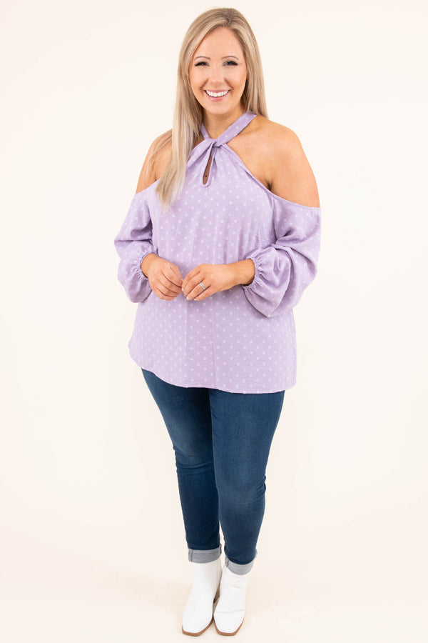 Chic Soul plus size clothing, purple long sleeve top with tie around neck and white polka dot pattern