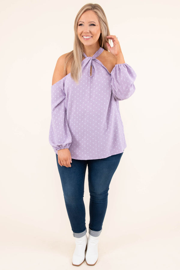 Chic Soul plus size clothing, purple long sleeve top with tie around neck and white polka dot pattern