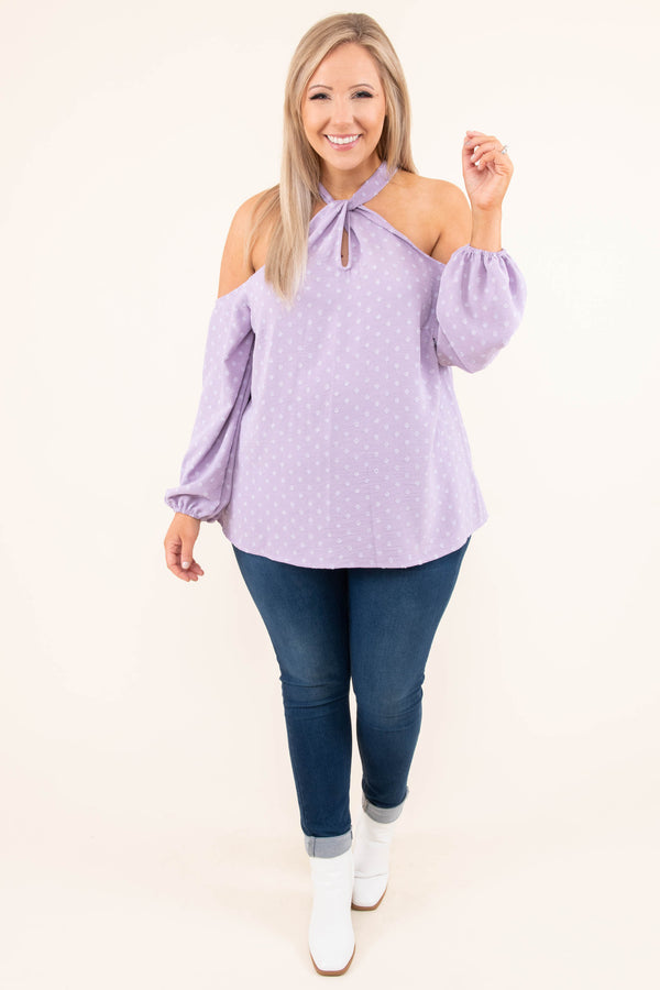 Chic Soul plus size clothing, purple long sleeve top with tie around neck and white polka dot pattern