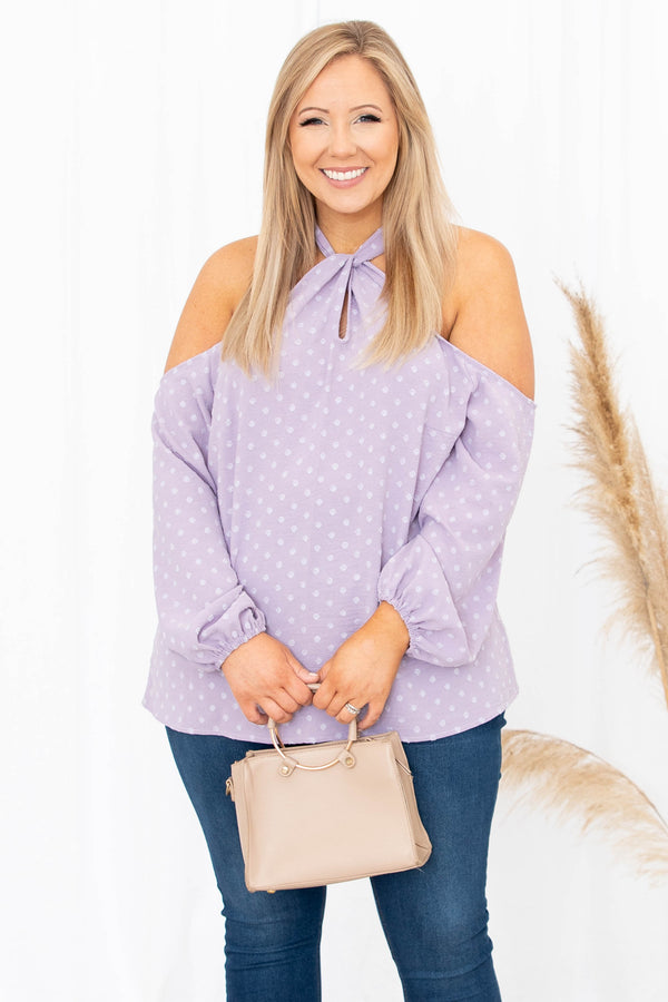 Chic Soul plus size clothing, purple long sleeve top with tie around neck and white polka dot pattern