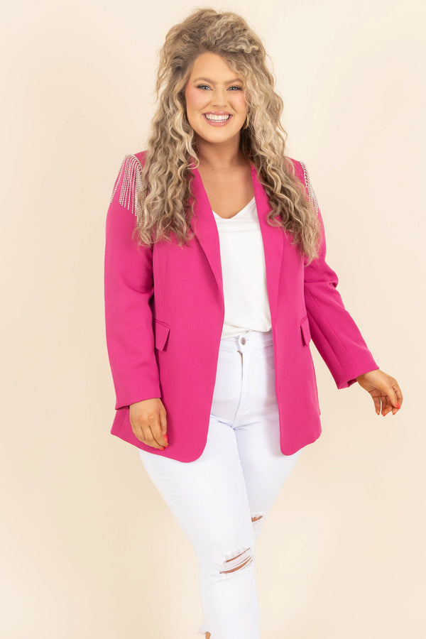 Chic Soul plus size clothing, hot pink blazer with embellished rhinestone fringe on shoulders