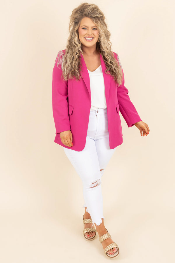 Chic Soul plus size clothing, hot pink blazer with embellished rhinestone fringe on shoulders