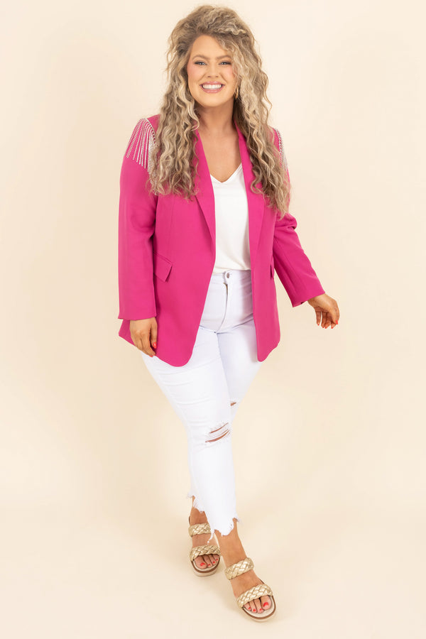 Chic Soul plus size clothing, hot pink blazer with embellished rhinestone fringe on shoulders