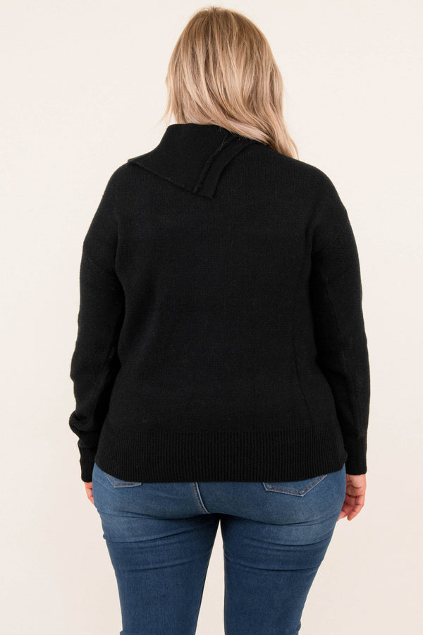 Chic Soul plus size clothing, long sleeve black sweater with mock turtleneck and buttons on the right shoulder