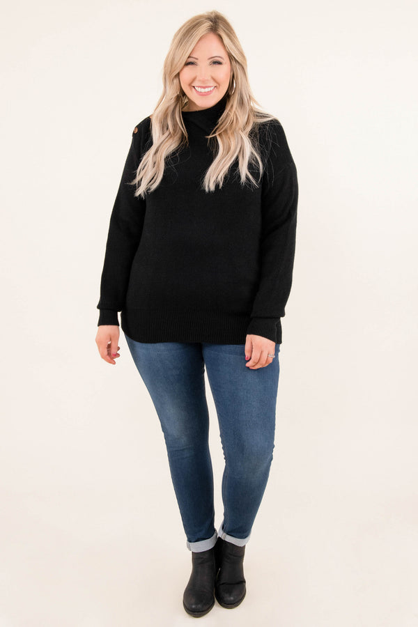 Chic Soul plus size clothing, long sleeve black sweater with mock turtleneck and buttons on the right shoulder