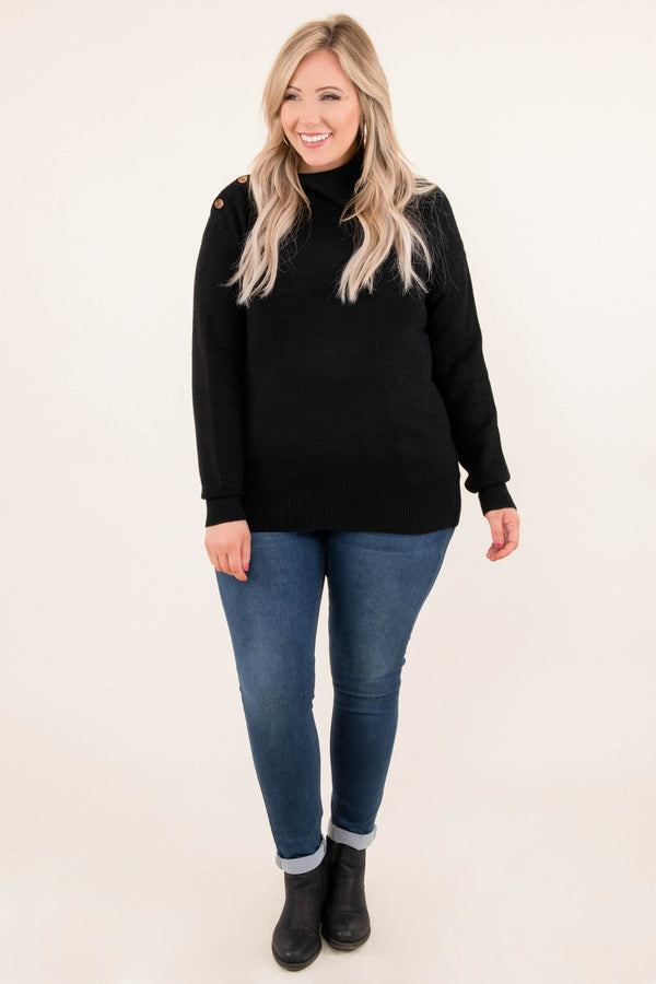 Chic Soul plus size clothing, long sleeve black sweater with mock turtleneck and buttons on the right shoulder