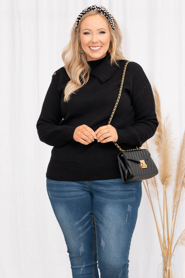 Chic Soul plus size clothing, long sleeve black sweater with mock turtleneck and buttons on the right shoulder