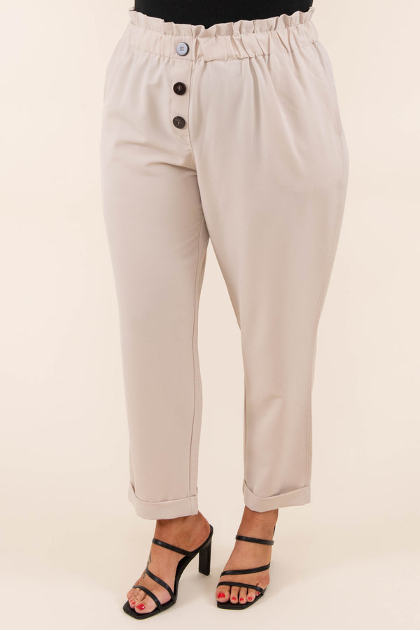 Chic Soul plus size clothing, beige pants with a cinched waist and faux buttons