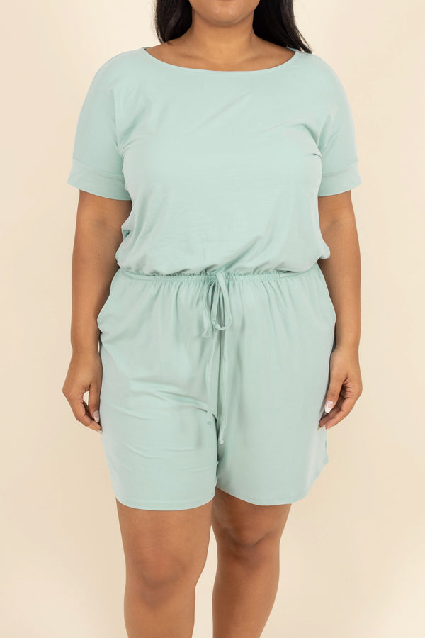 Chic Soul plus size clothing, light green romper with a cinched waist and pockets