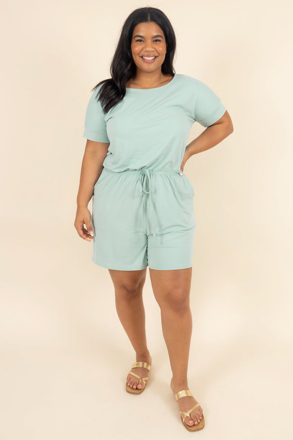 Chic Soul plus size clothing, light green romper with a cinched waist and pockets