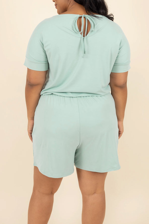 Chic Soul plus size clothing, light green romper with a cinched waist and pockets