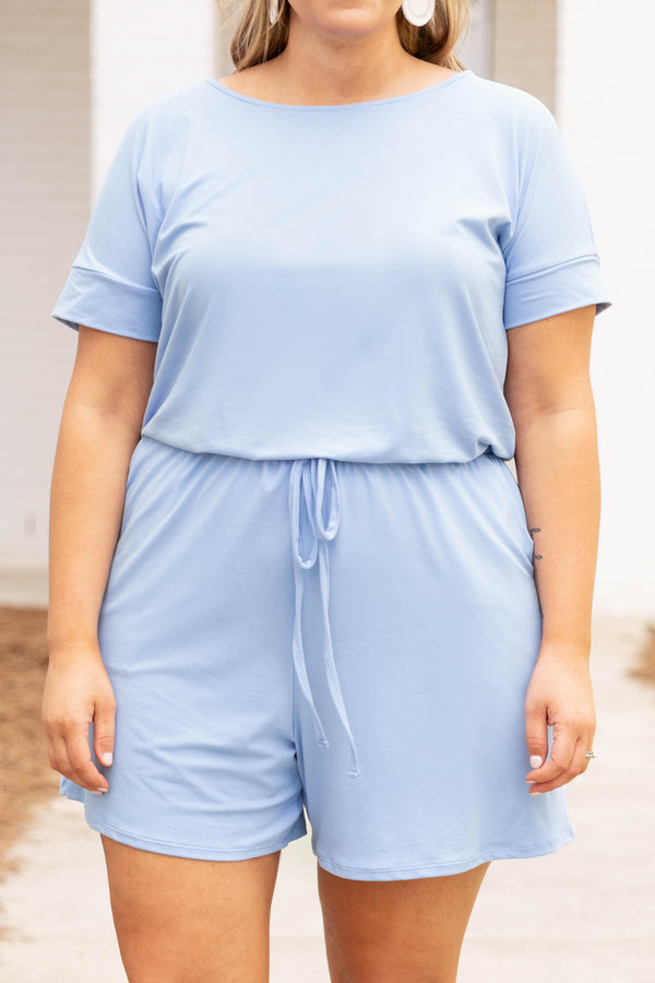 Chic Soul plus size clothing, spring blue casual romper with tie waist