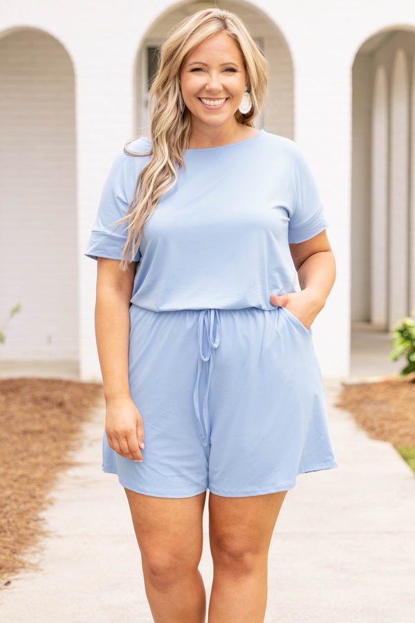 Chic Soul plus size clothing, spring blue casual romper with tie waist