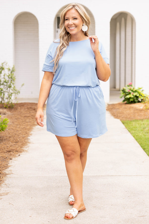 Chic Soul plus size clothing, spring blue casual romper with tie waist