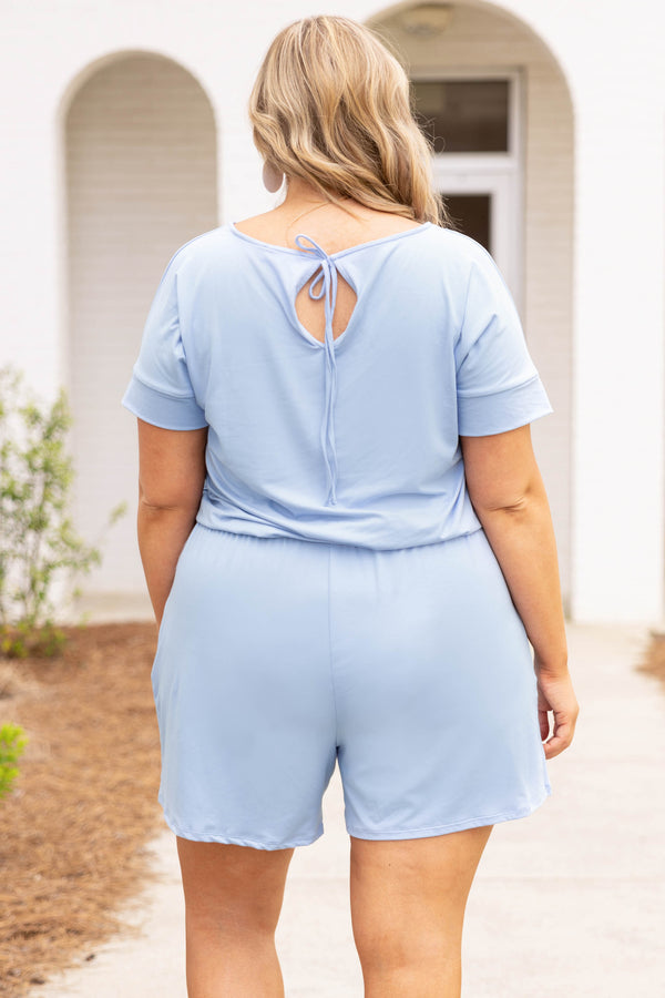 Chic Soul plus size clothing, spring blue casual romper with tie waist