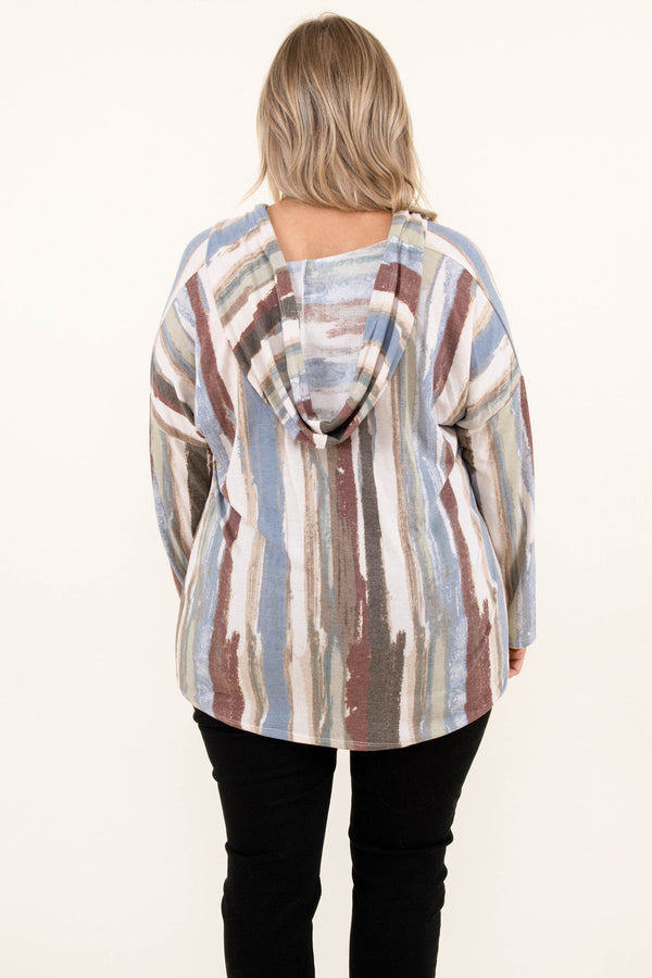 Chic Soul plus size clothing, v neck long sleeve beige top with abstract multicolor striped pattern