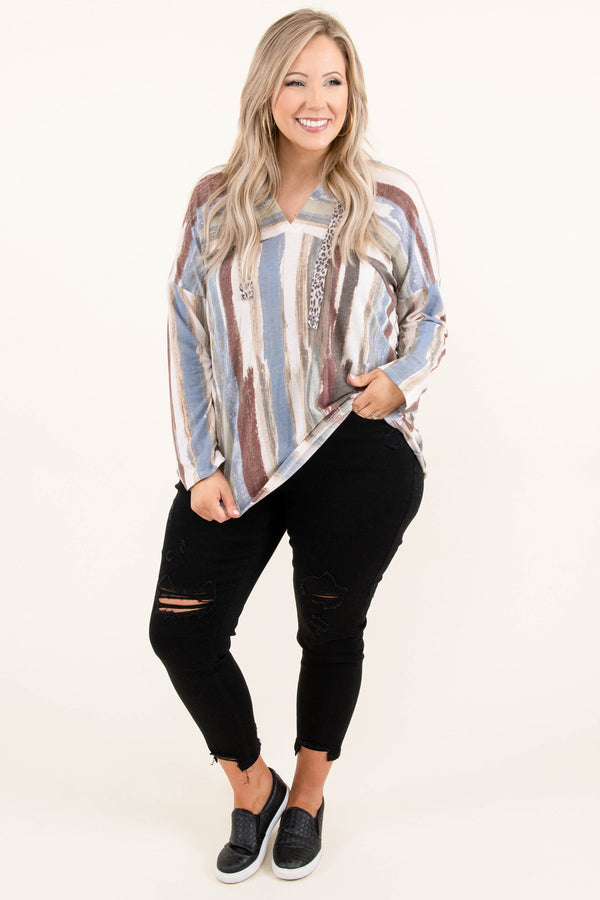 Chic Soul plus size clothing, v neck long sleeve beige top with abstract multicolor striped pattern