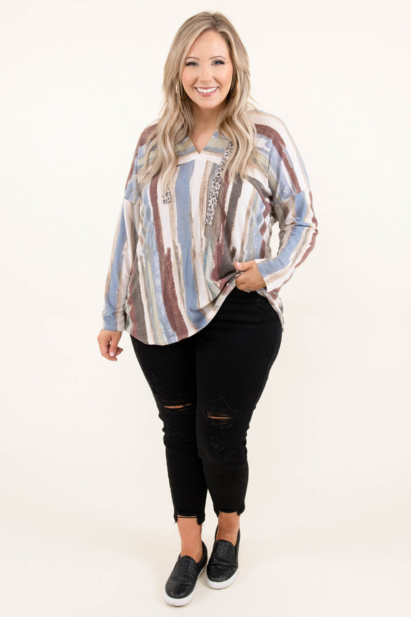 Chic Soul plus size clothing, v neck long sleeve beige top with abstract multicolor striped pattern