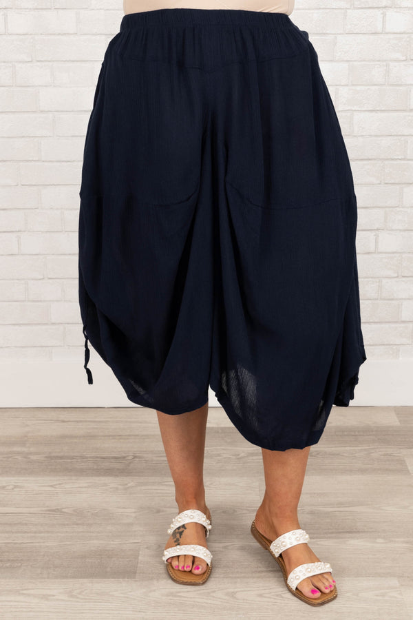Chic Soul plus size clothing, navy ruched pants with elastic waist