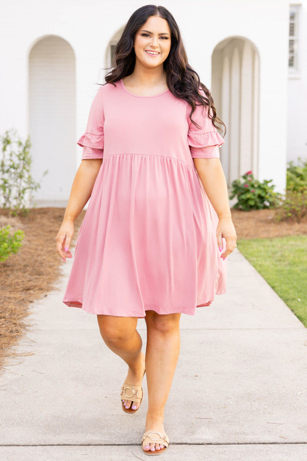 Chic Soul plus size clothing, pink short sleeve ruffle dress