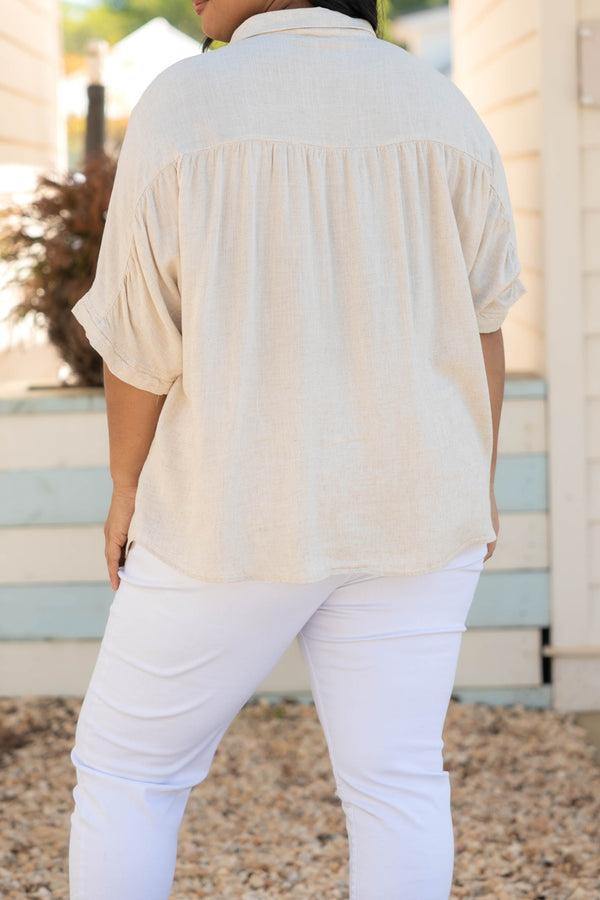 Chic Soul plus size clothing, oatmeal button down collared top with half length sleeves