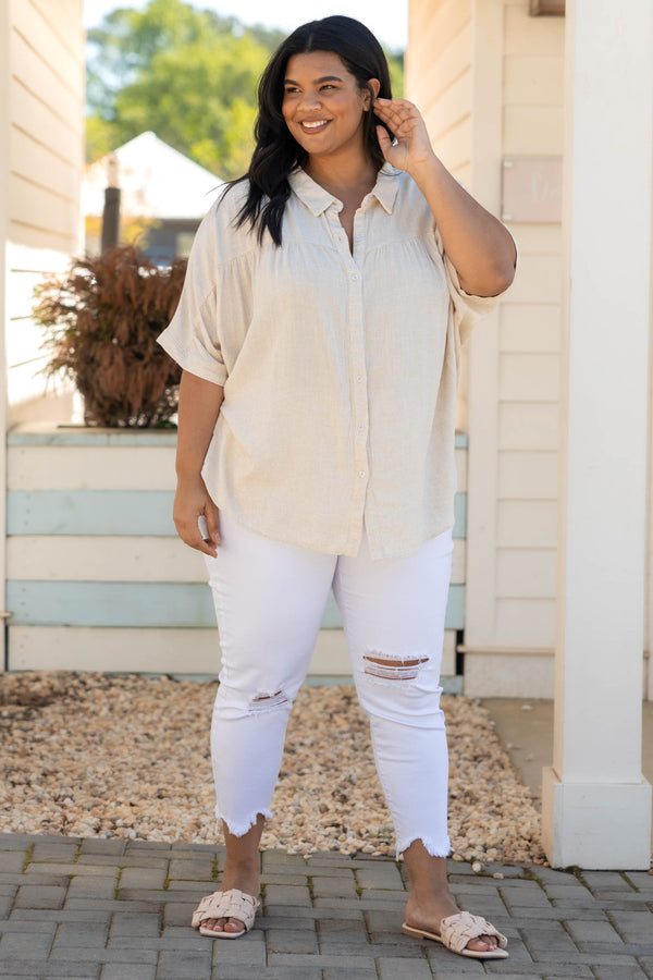 Chic Soul plus size clothing, oatmeal button down collared top with half length sleeves