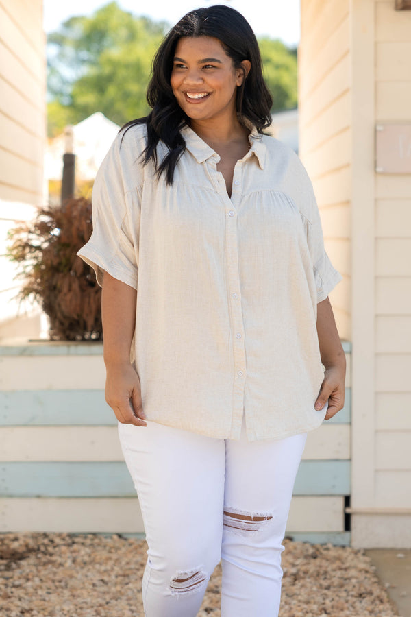 Chic Soul plus size clothing, oatmeal button down collared top with half length sleeves