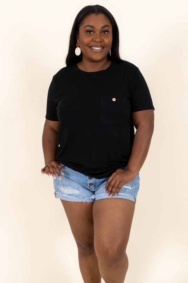 Chic Soul plus size clothing, black top with front pocket