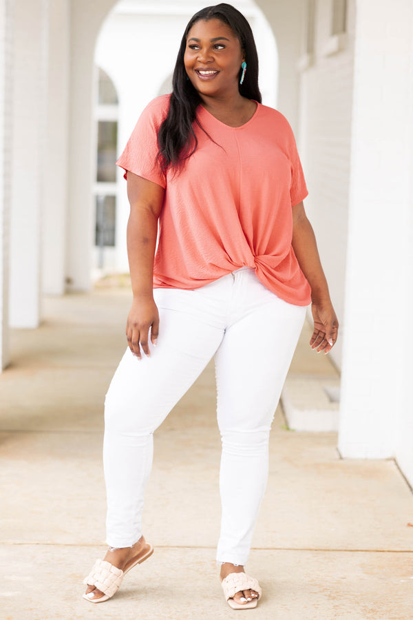 Chic Soul plus size clothing, melon pink colored top with knotted hemline